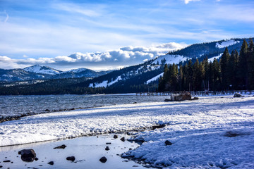 Beach covered by snow along the Lake Tahoe in California