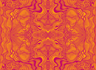 Abstract psychedelic fractal pattern, burgundy outline, orange color background.