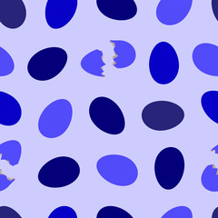 Seamless easter pattern. purple, blue, dark blue eggs whole and cracked in half on a light lilac background
