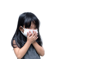 cute little girl wear mask on white background,A girl wearing protection medical mask covid-19 or coronavirus from Infected person,corona protected Help protect For world and people stop virus warning