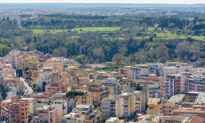 Fototapeta na wymiar Panorama of Rome from the observation deck of the dome of St. Peter's Basilica. Panorama of the city. The best view of Rome. 