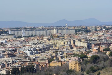 Naklejka premium Panorama of Rome from the observation deck of the dome of St. Peter's Basilica. Panorama of the city. The best view of Rome. 