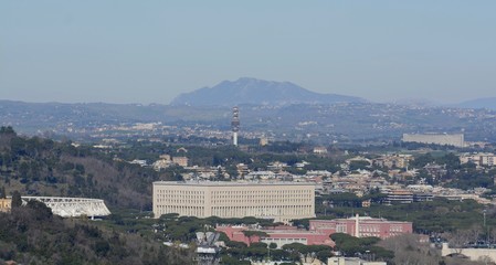 Obraz premium Panorama of Rome from the observation deck of the dome of St. Peter's Basilica. Panorama of the city. The best view of Rome. 
