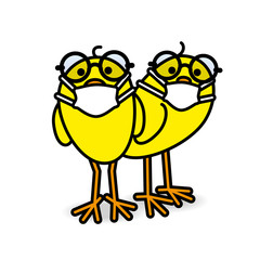 Two Yellow Chicks wearing Spectacles and Medical Masks