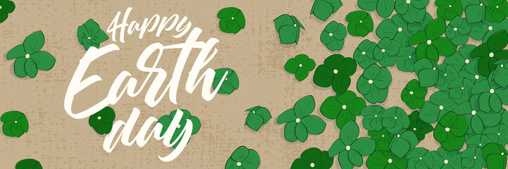 Happy earth day. Template for poster, postcard or banner. Eco-friendly concept or ecology concept. Illustration for April 22 with flying flowers on a light brown background.