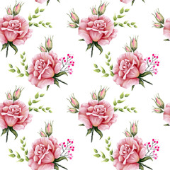 seamless pattern with roses on a white background, pink bouquet with leaves