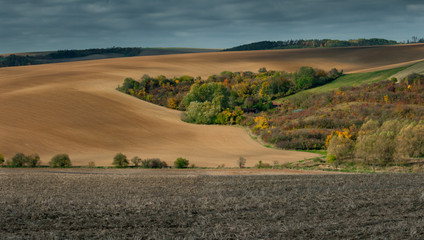 Fototapeta na wymiar Beautiful harsh landscape of plowed Moravian fields in the autumn season