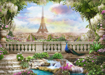 Beautiful view from the flower-covered balcony to the mountain lake and pink sunrise. Digital collage , mural and fresco. Wallpaper. Poster design.