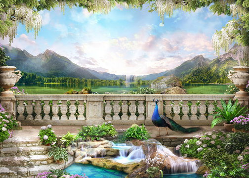 Beautiful view from the flower-covered balcony to the mountain lake and pink sunrise. Digital collage , mural and fresco. Wallpaper. Poster design.
