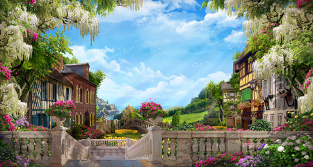 Beautiful collage with access to the sea, the ancient houses of Italy, flowers and waterfalls....