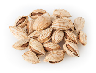 Heap of almond nuts isolated on white background with clipping path