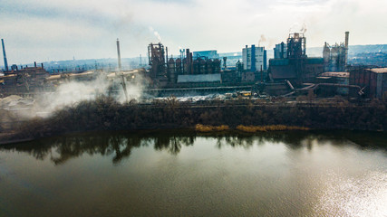 metallurgical production plant full cycle smoke from pipes bad ecology aerial photography