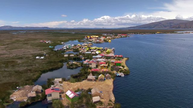 Aerial view of Uros Floating Islands (Spanish: Islas Uros ) on Lake Titicaca, the highest navigable lake in the world, near Puno, Peru, South America.