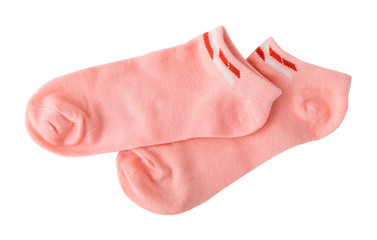 Pair of short pink cotton socks isolated on a white background. Women's low rise sports socks. Wearing and sport clothes.