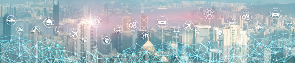 Smart City IOT Concept. Wallpaper for your site. Panoramic Business Banner.