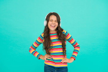 Energetic rhythm concept. Good track improves mood. Happy small girl listen music. Little child enjoy song playing in headphones. Happy face. Music brings happy emotions. Melody to cheer up