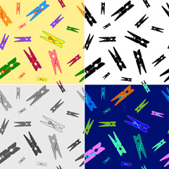 Obraz premium set of seamless patterns with multi-colored clothespins on white and color backgrounds