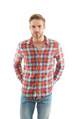 Fototapeta premium Keeping it casual. Handsome man in casual style isolated on white. Casual fashion trends. Wardrobe for mens everyday life. Fashion and style. Feeling confident in casual clothes