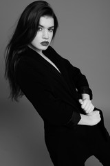 girl wearing black turtleneck in long hair, black and white high fashion studio session
