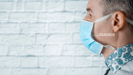 Man wears surgical mask highlighting the weak points from which pathogens, coronaviruses and...