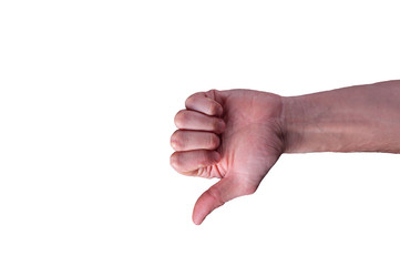 Caucasian man hand shows thumbs-down sign on isolated white background.