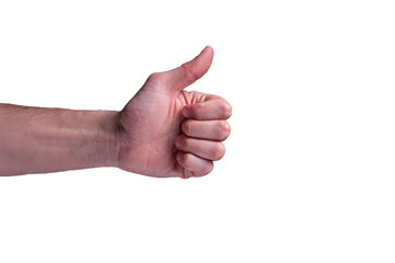 White human hand shows thumb signal, usually described as a thumbs-up sign on isolated white background