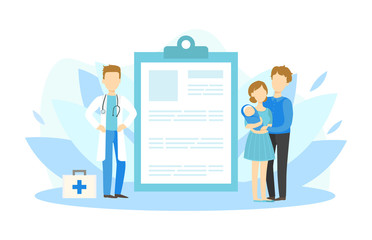 Young Parents with Baby Visiting Doctor, Medical Report on Big Clipboard, Medical Check Up Vector Illustration