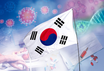 Coronavirus (COVID-19) outbreak and coronaviruses influenza background as dangerous flu strain cases as a pandemic medical health risk.South Korea covered in surgical masks to protect against Coronavi
