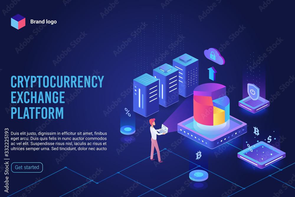 Aufkleber isometric cryptocurrency exchange platform ultraviolet landing page. crypto mining, blockchain busin