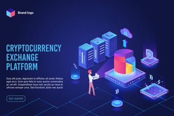 Isometric cryptocurrency exchange platform ultraviolet landing page. Crypto mining, blockchain business concept vector illustration for banner, poster, website. Internet, computer digital currency pay