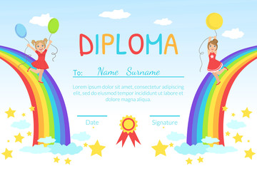Kids Diploma Template with Place For Your Text, Preschool, Kindergarten Children Certificate witn Happy Kids Jumping on Rainbow During Sunny Day Vector Illustration