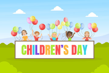 Childrens Day Banner Template, Happy Kids Having Fun with Colorful Balloons During Sunny Day Vector Illustration