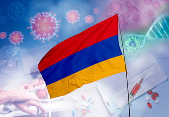 Coronavirus (COVID-19) outbreak and coronaviruses influenza background as dangerous flu strain cases as a pandemic medical health risk. Armenia Flag with corona virus and their prevention.