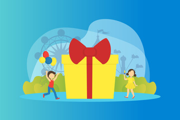 Happy Kids Having Fun in Amusement Park, Children Celebrating Birthday with Huge Gift Box Vector Illustration