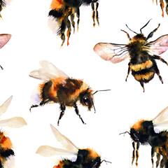 Watercolor seamless pattern. Bumblebee/bee, insects. Watercolor hand-drawn elements - 332225523