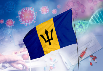 Coronavirus (COVID-19) outbreak and coronaviruses influenza background as dangerous flu strain cases as a pandemic medical health risk. Barbados Flag with corona virus and their prevention.