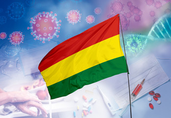 Coronavirus (COVID-19) outbreak and coronaviruses influenza background as dangerous flu strain cases as a pandemic medical health risk. Bolivia Flag with corona virus and their prevention.