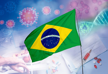 Coronavirus (COVID-19) outbreak and coronaviruses influenza background as dangerous flu strain cases as a pandemic medical health risk. Brazil Flag with corona virus and their prevention.