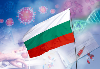Coronavirus (COVID-19) outbreak and coronaviruses influenza background as dangerous flu strain cases as a pandemic medical health risk. Bulgaria Flag with corona virus and their prevention.