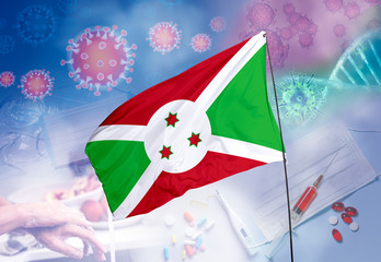 Coronavirus (COVID-19) outbreak and coronaviruses influenza background as dangerous flu strain cases as a pandemic medical health risk. Burundi Flag with corona virus and their prevention.