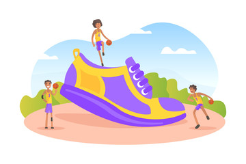 Boys Wearing Uniform Playing Basketball on Playground with Huge Sports Shoe Vector Illustration