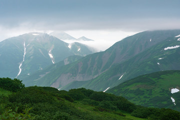 Dramatic views of the volcanic landscape. Kamchatka Peninsula.