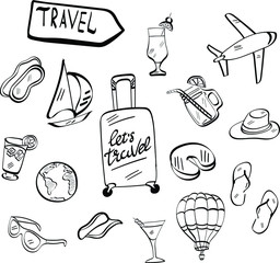 Travel, plane , summer, drink hand drawn vector isolated illustration on white background. Concept for logo, icon, invitation 