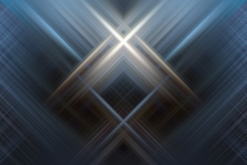 Perfectly crossed straight light beams connecting in a center abstract background