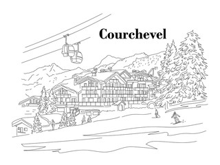 Courchevel in the winter. People are skiing. Ski resort. Vector linear illustration