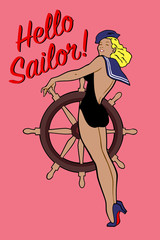 Hello Sailor Pin Up Girl with Rudder Wheel