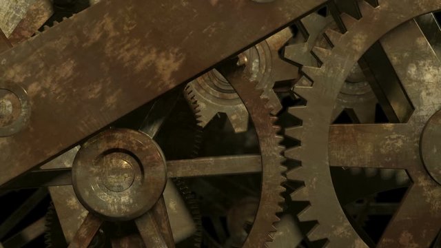 Camera moving through spinning gears and cogs, green screen at the end