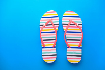 colorful flip flops isolated on white background. Top view