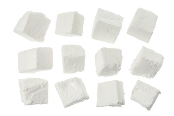 Feta cheese isolated on white background. With clipping path and full depth of field. Top view. Flat lay