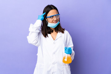 Scientist woman investigating a vaccine to cure coronavirus disease having doubts and thinking